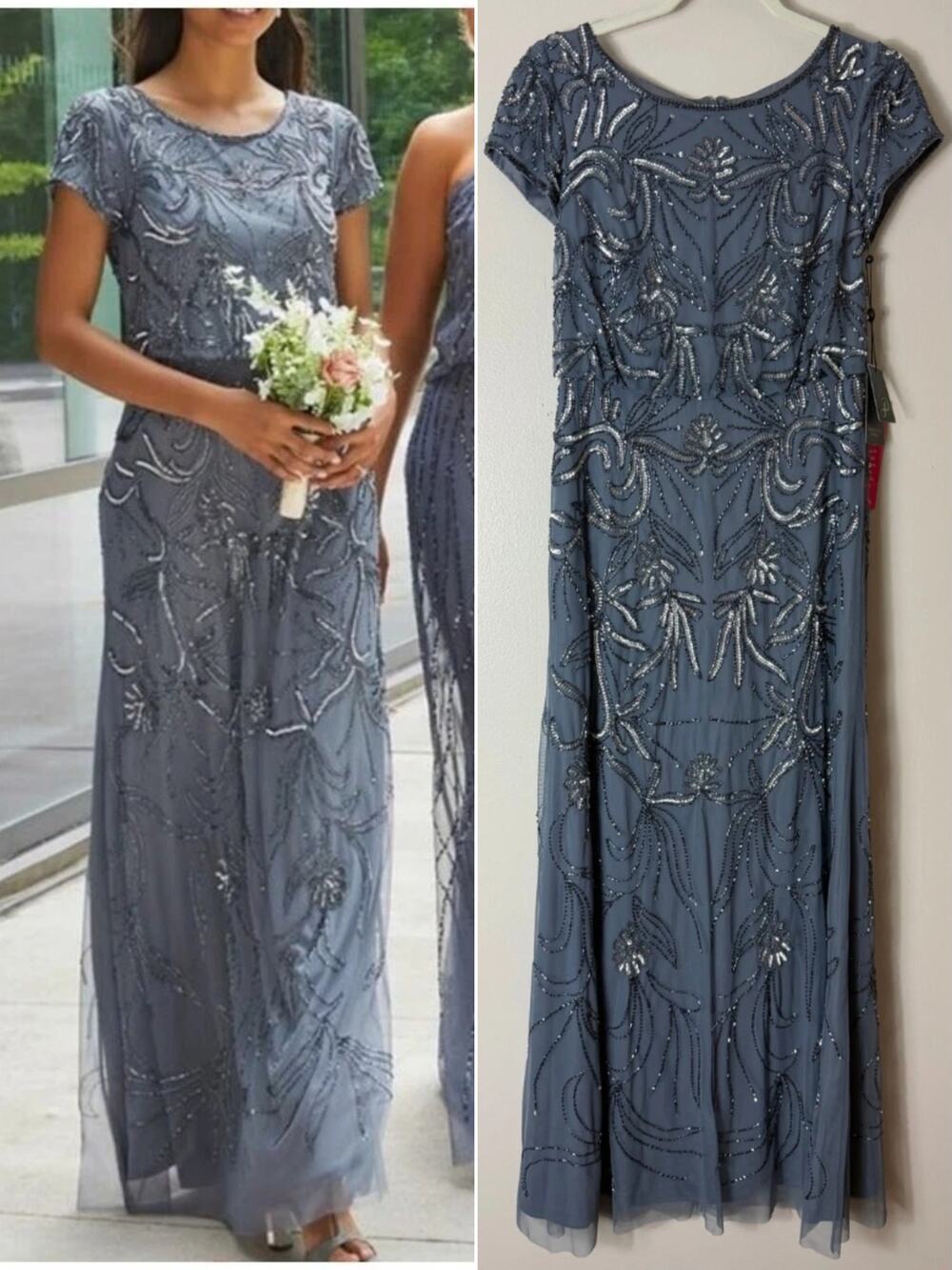 Adrianna Papell NWT Dress 6P Blue Mother of the Bride Gown Sequin Beaded Floral